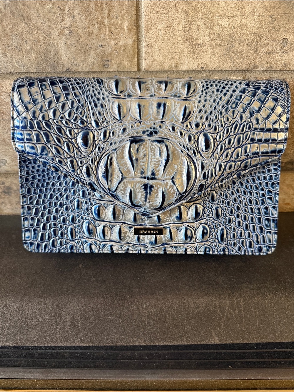 Brahmin Blue and White Croc-Embossed Leather Clutch/Crossbody